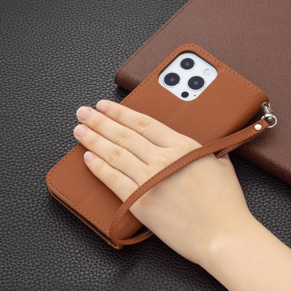 SKALO iPhone 13 Pro Max Premium Litchi Plånbok - Brun Brown