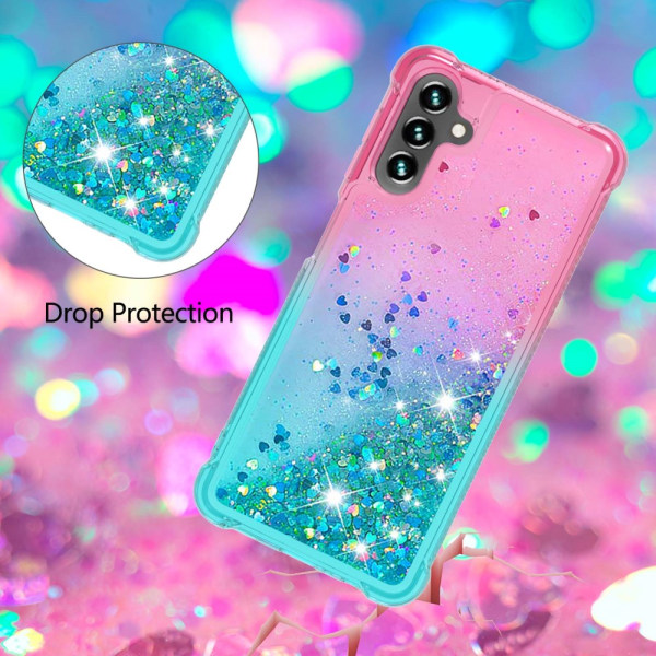 SKALO Samsung A54 5G Juoksuhiekka Glitter Sydämet TPU kuori - Pinkki-Turkoosi Multicolor
