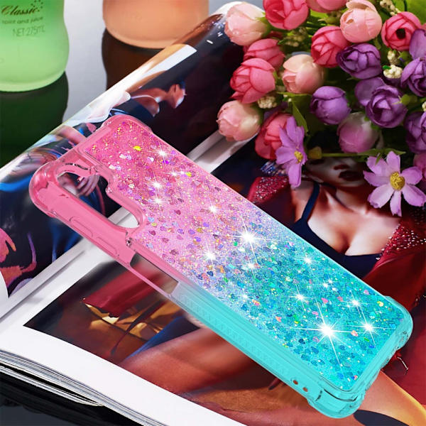 SKALO Samsung A54 5G Juoksuhiekka Glitter Sydämet TPU kuori - Pinkki-Turkoosi Multicolor