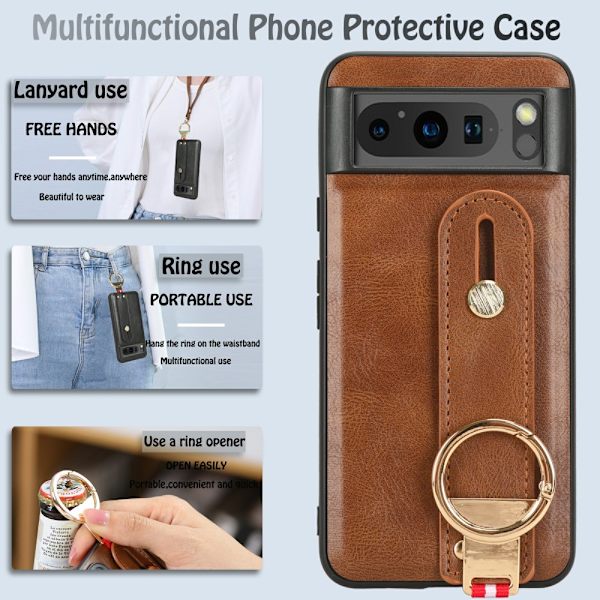 SKALO Google Pixel 8 Pro PU-nahkakuori käsivarsinauhalla - Ruskea Brown