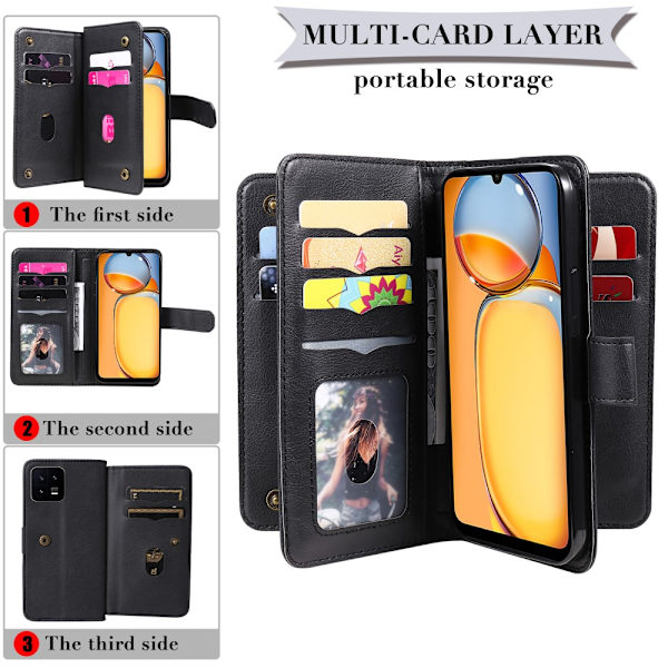 SKALO Xiaomi Redmi 13C 4G 10-lokeroa Lompakkokotelo - Musta Black