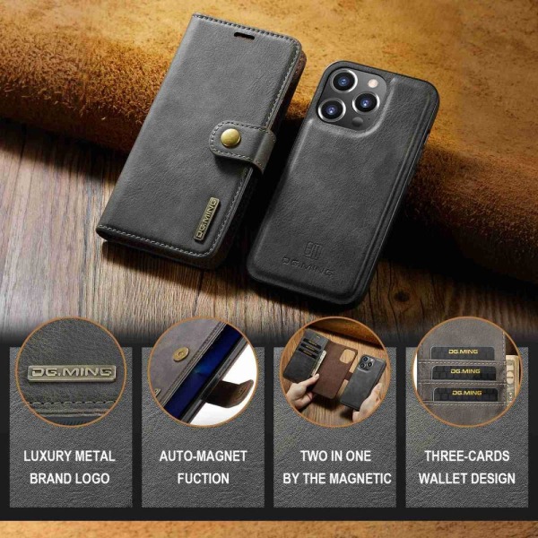 DG MING iPhone 15 Pro Max 2-i-1 Magnet Plånboksfodral - Grå grå