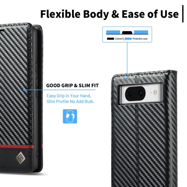 SKALO Google Pixel 8 LC.IMEEKE Carbon Fiber Lompakkokotelo PU-nahkaa - Musta Black