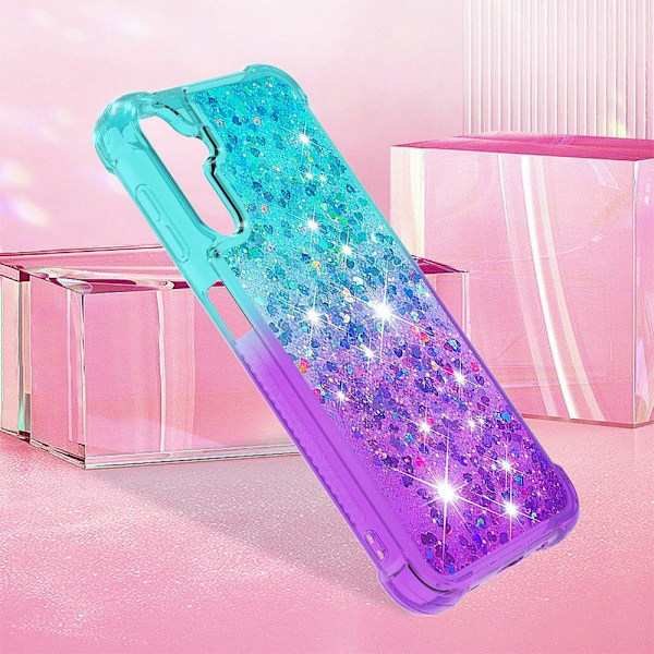 SKALO Samsung A14 5G Juoksuhiekka Glitter Sydämet TPU kuori - Turkoosi-Violetti Multicolor