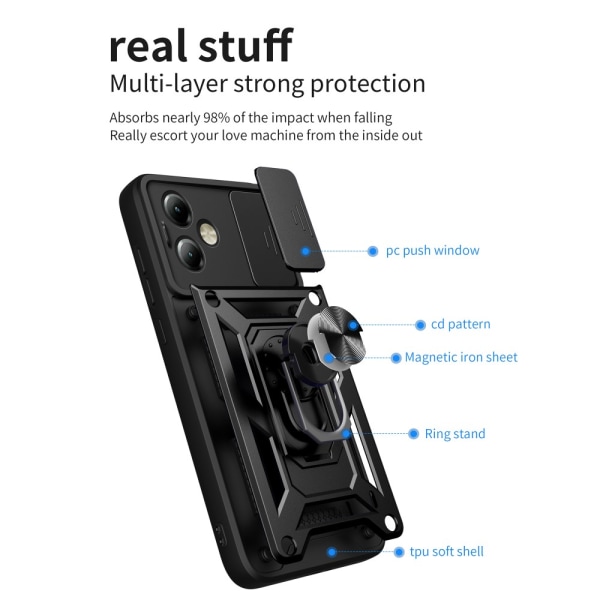 SKALO Motorola Moto G14 Armor Hybrid Metal Ring Camera Slider - Black