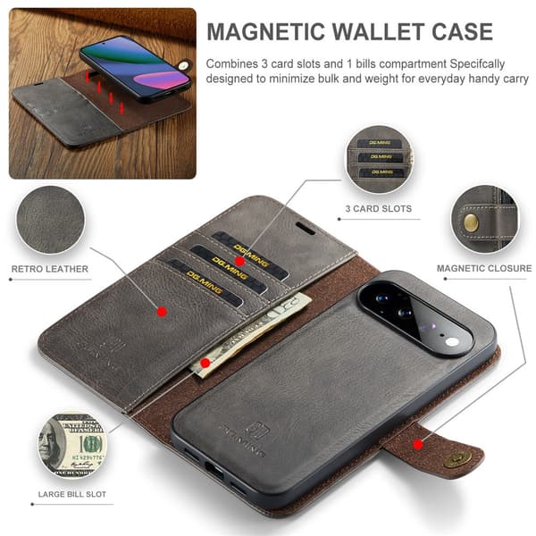 DG MING 2-i-1 Magnet Plånboksfodral för Google Pixel 11 Pro XL - Grå grå