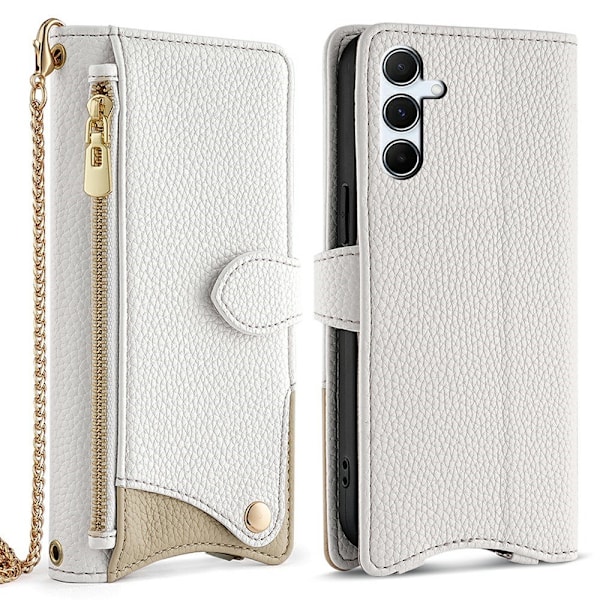 SKALO Samsung A26 5G Litchi Makeup Mirror Chain Lompakkokotelo - Valkoinen White