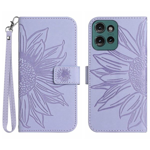 SKALO Motorola Edge 50 Neo 5G Kohokuvioitu Flower PU Nahka Lompakkokotelo - Violetti Purple