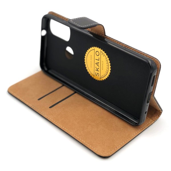 SKALO Moto E20/E30/E40 Lompakkokotelo Aitoa nahkaa - Valitse väri Black