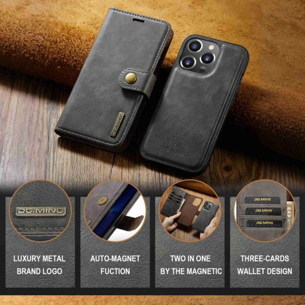 DG MING iPhone 15 Pro 2-i-1 Magnet Plånboksfodral - Grå grå