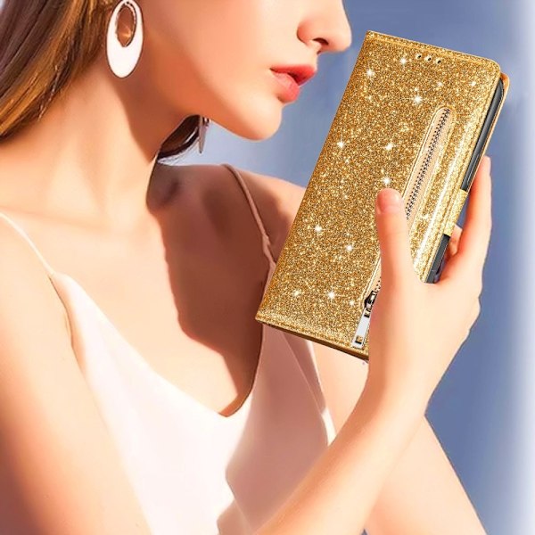 SKALO Samsung S25 Ultra Glitter Dragkedja Plånboksfodral - Guld Guld