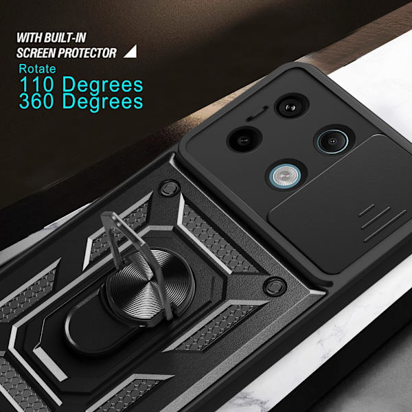 SKALO Xiaomi Redmi Note 13 Pro 5G Armor Hybrid Metal Ring Camera Slider - Sort Black