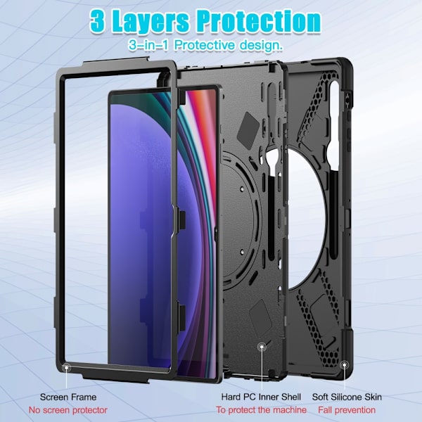 SKALO Samsung Tab S9 Ultra Extra Shockproof Armor 360 Kahva/Tripod Suojakuori - Musta Black