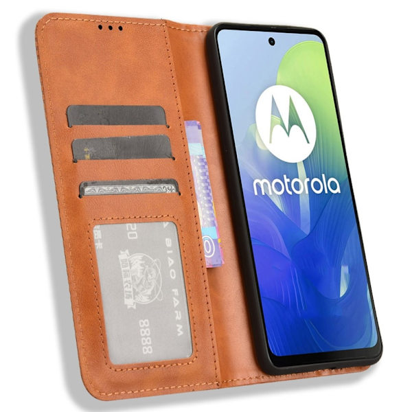 SKALO Motorola Moto E14 4G Kohokuvioitu Premium lompakkokotelo - Ruskea Brown