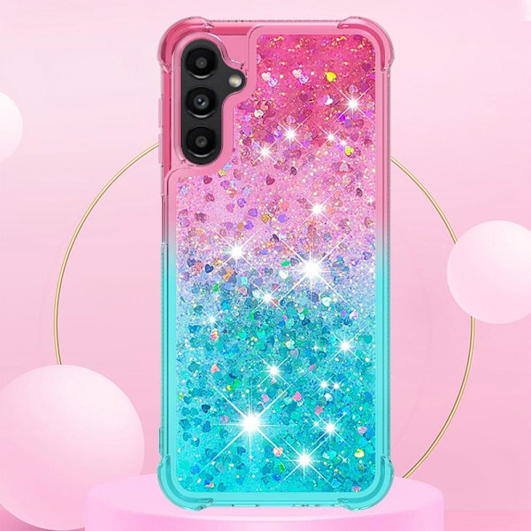 SKALO Samsung A14 5G Juoksuhiekka Glitter Sydämet TPU kuori - Pinkki-Turkoosi Multicolor