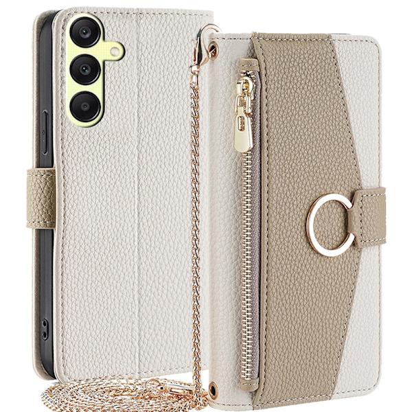 SKALO Samsung A25 5G Litchi Makeup Mirror Flip Cover - Hvid White