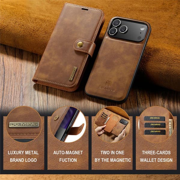 DG MING 2-i-1 Magnet Plånboksfodral för iPhone 18 Pro - Brun Brun