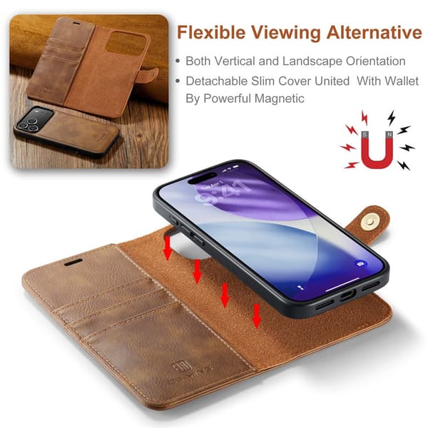 DG MING 2-i-1 Magnet Flip Cover til iPhone 18 Pro Max - Brun Brown