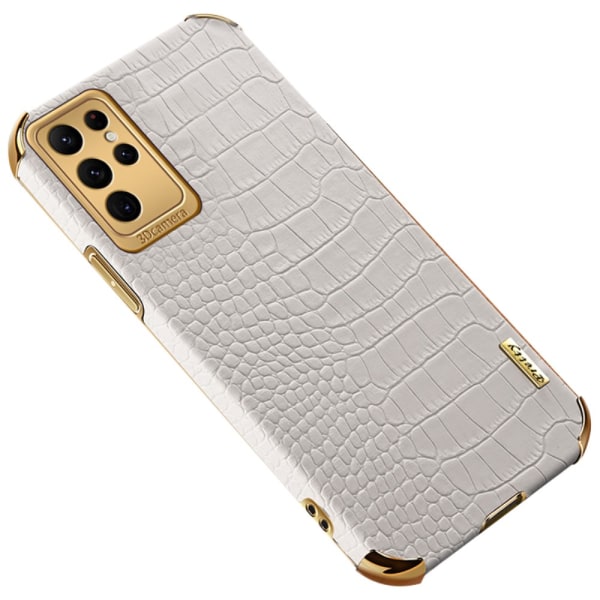 SKALO Samsung S24 Ultra Crocodile Guldkant Cover - Hvid White