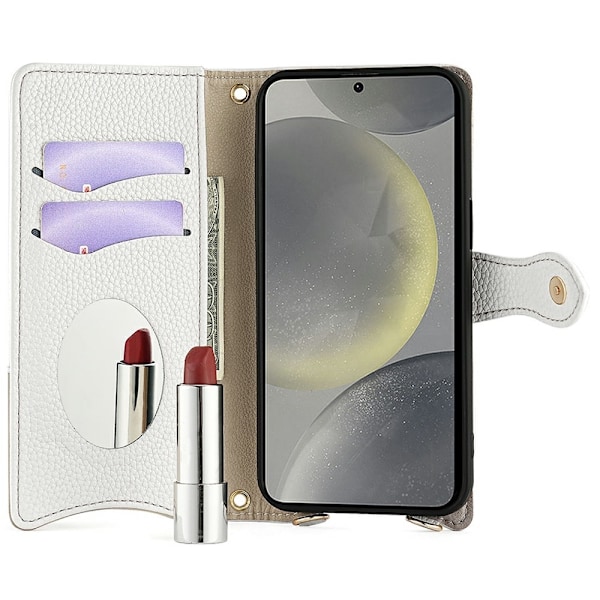 SKALO Samsung S25 Litchi Makeup Mirror Chain Lompakkokotelo - Valkoinen White