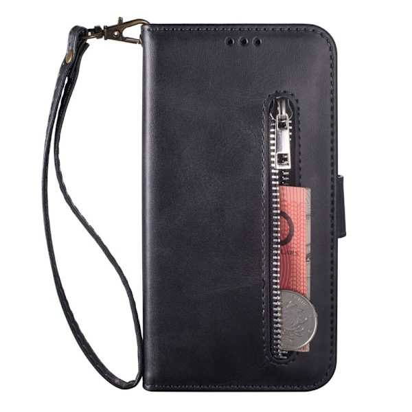 SKALO iPhone 15 Plus Flip Cover m. pung i PU-læder med lynlås - Sort Black