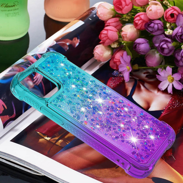 SKALO iPhone 15 Kvicksand Glitter Hjerter TPU Cover - Turkis-Lilla Multicolor