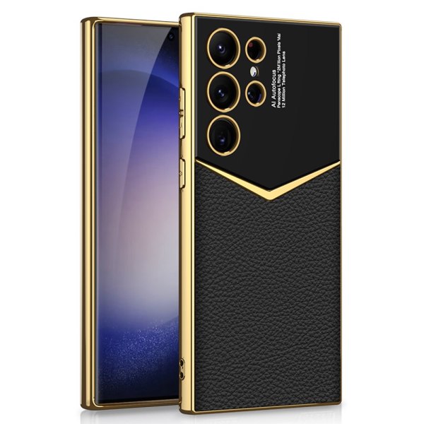 SKALO Samsung S24 Ultra PU-nahkainen Gold Edge Suojakuori - Must Black