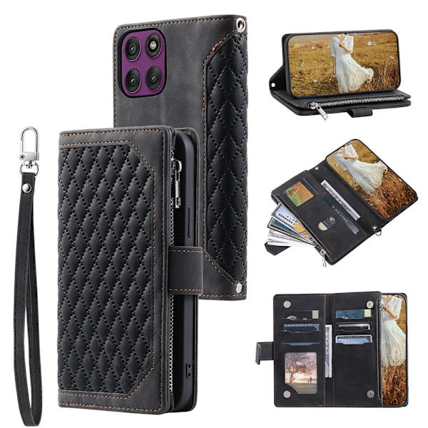SKALO Motorola Edge 60 Pro 5G 005 Big Wallet Tikkikuvioitu Lompakkokotelo - Musta Black
