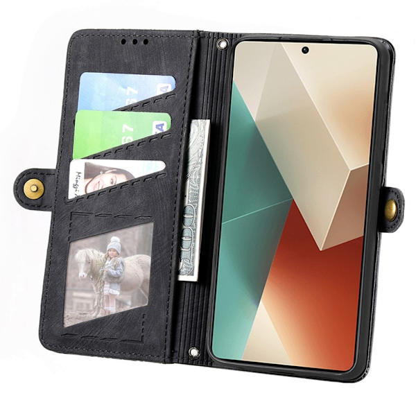 SKALO Xiaomi Redmi Note 13 5G Kohokuvioitu lompakkokotelo PU-nahasta vetoketjulla - Musta Black