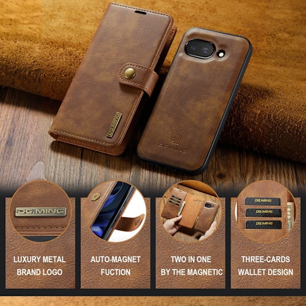 DG MING Google Pixel 9a 2-in-1 Magneetti Lompakkokotelo - Ruskea Brown
