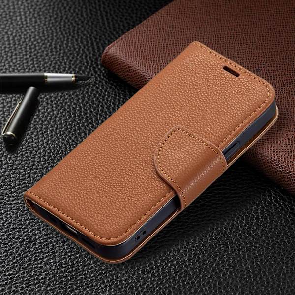 SKALO iPhone 13 Mini Premium Litchi Plånbok - Brun Brown