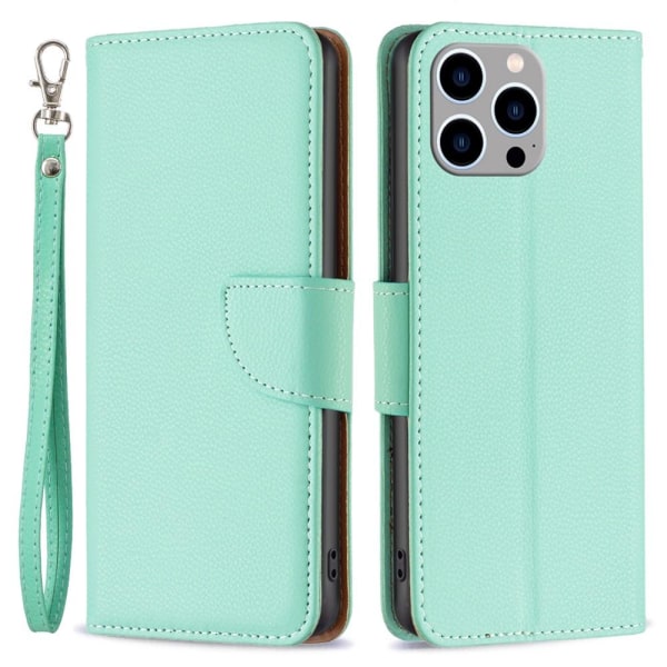 SKALO iPhone 15 Pro Max Litchi Flip Cover - Turkis Turquoise