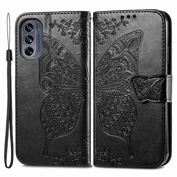 SKALO Motorola Moto G62 5G Mandala Butterfly lompakkokotelo - Musta Black