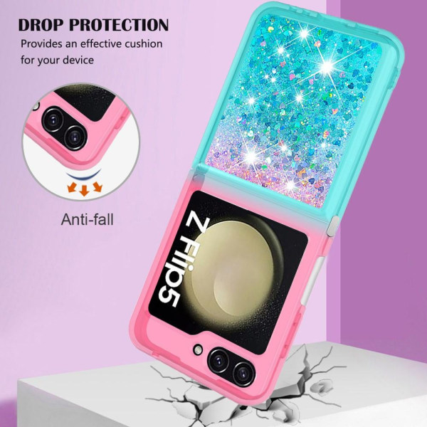 SKALO Samsung Z Flip5 Juoksuhiekka Glitter Sydämet TPU kuori - Pinkki-Turkoosi Multicolor