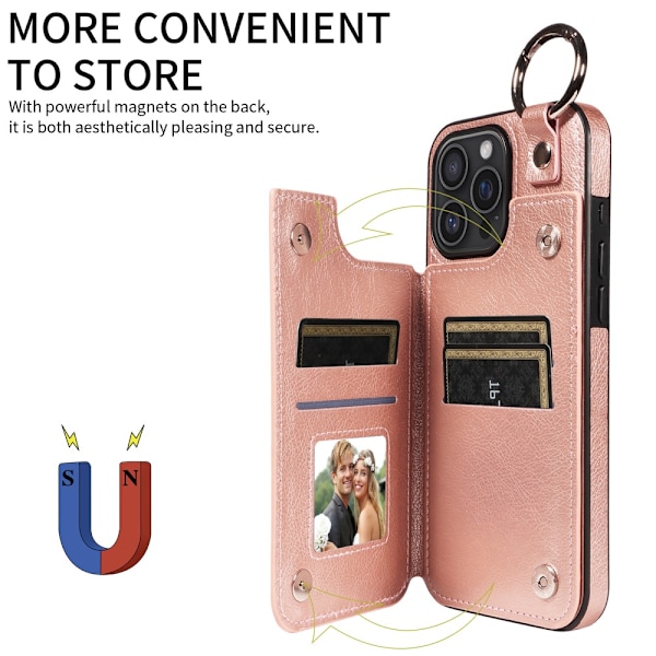 SKALO iPhone 16 Pro Max PU-Nahka Kortinhaltija Ring Suojakuori - Ruusukulta Pink gold