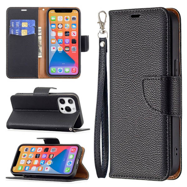 SKALO iPhone 13 Pro Premium Litchi Plånbok - Svart Black