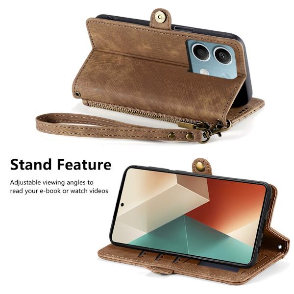 SKALO Xiaomi Redmi Note 13 5G Kohokuvioitu lompakkokotelo PU-nahasta vetoketjulla - Ruskea Brown