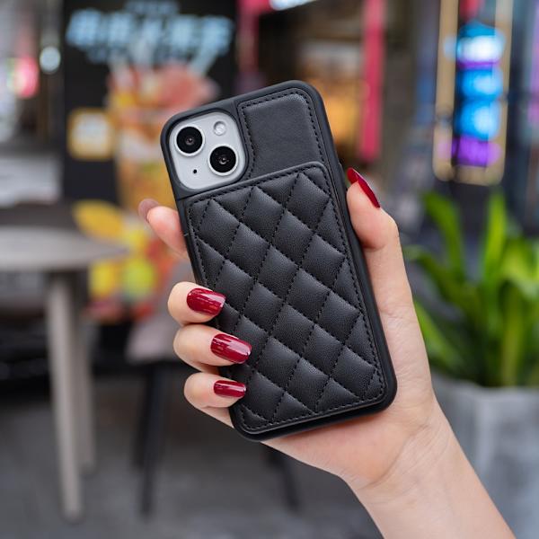 SKALO iPhone 15 Tikattu Suojakuori Lompakolla - Musta Black