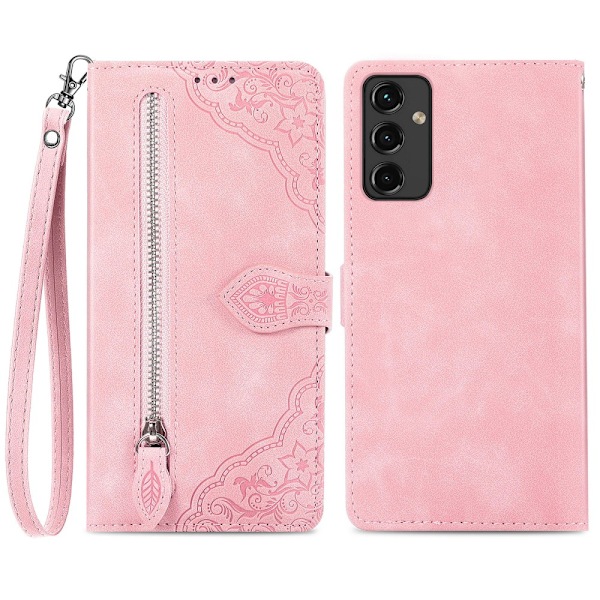 SKALO Samsung A14 4G/5G Big Wallet Flower Lompakkokotelo - Pinkki Pink