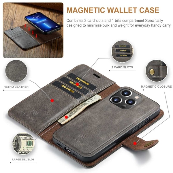 DG MING iPhone 14 Pro 2-i-1 Magnet Plånboksfodral - Grå grå