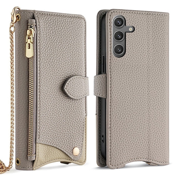 SKALO Samsung S25 Litchi Makeup Mirror Chain Plånboksfodral - Grå grå