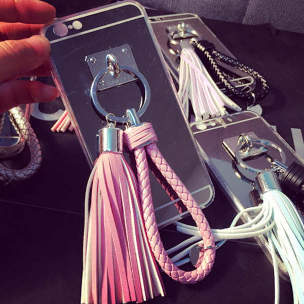 Bling Spegelskal med tofs & band iPhone 6/6S Pink
