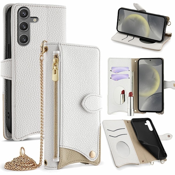 SKALO Samsung S25 Litchi Makeup Mirror Chain Lompakkokotelo - Valkoinen White