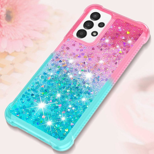SKALO Samsung A13 4G Juoksuhiekka Glitter Sydämet TPU kuori - Pinkki-Turkoosi Multicolor