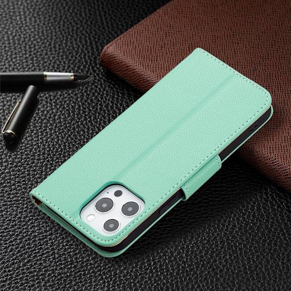SKALO iPhone 13 Pro Max Premium Litchi Plånbok - Turkos Turquoise