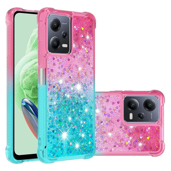 SKALO Xiaomi Redmi Note 12 5G Juoksuhiekka Glitter Sydämet TPU kuori - Pinkki-Turkoosi Multicolor