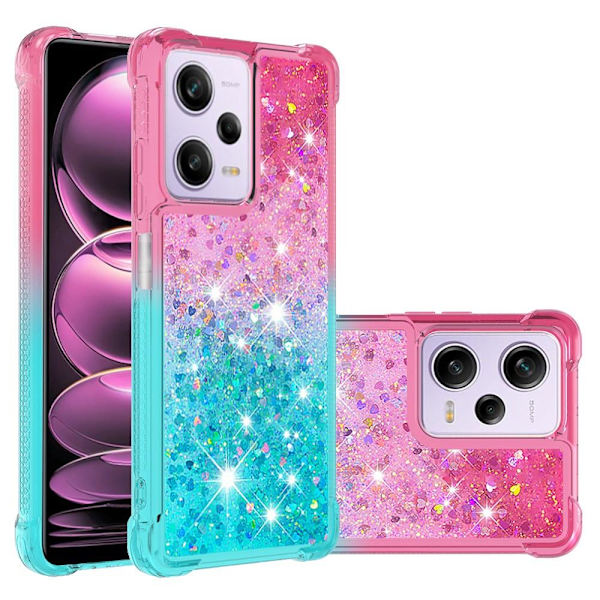 SKALO Xiaomi Redmi Note 12 Pro 5G Juoksuhiekka Glitter Sydämet TPU kuori - Pinkki-Turkoosi Multicolor