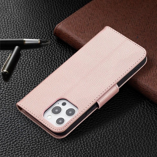 SKALO iPhone 13 Pro Max Premium Litchi-lompakko - ruusukulta Pink gold