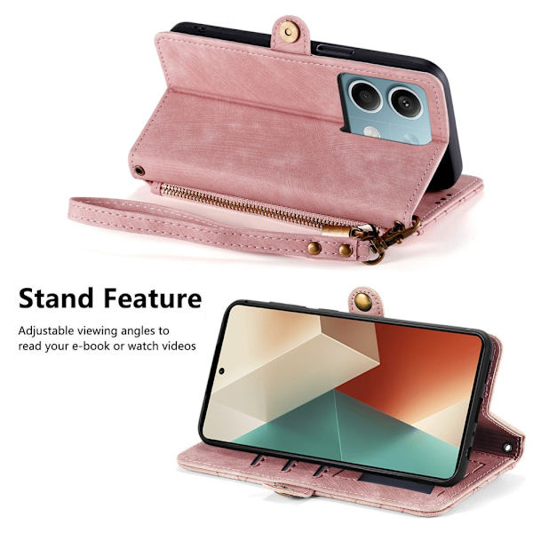 SKALO Xiaomi Redmi Note 13 5G Embossed Plånboksfodral i PU-Läder med Dragkedja - Rosa Rosa