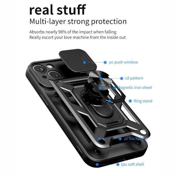 SKALO iPhone 15 Armor hybridi metallirengas kameran liukusäädin - - Sininen Blue